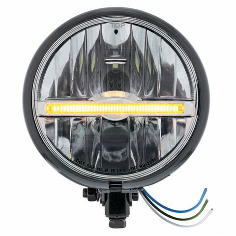 Black 5 3/4" Motorcycle Headlight 9 LED Bulb w/Amber LED Light Bar - Bottom Mount