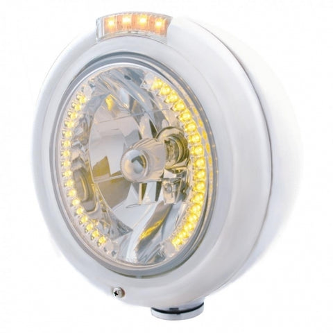 Stainless Steel Classic Headlight H4 w/34 Amber LED & Dual Mode LED Signal - Clear Lens