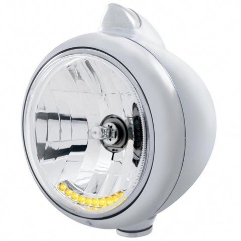 Stainless Steel Guide 682-C Headlight H4 w/ 10 Amber LED & Original Style LED Signal - Clear Lens