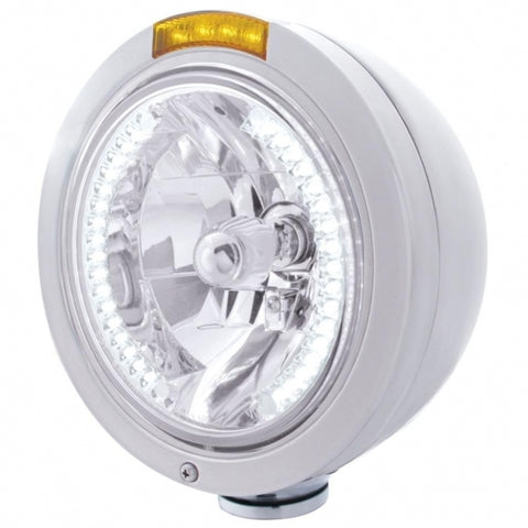 Stainless Steel Bullet Classic Headlight H4 w/ White LED & Dual Mode LED Signal-Amber Lens