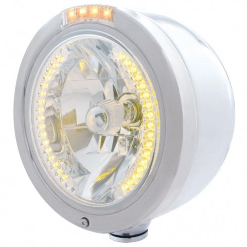 Stainless Steel Bullet Half Moon Headlight H4 w/ Amber LED & Signal - Clear Lens
