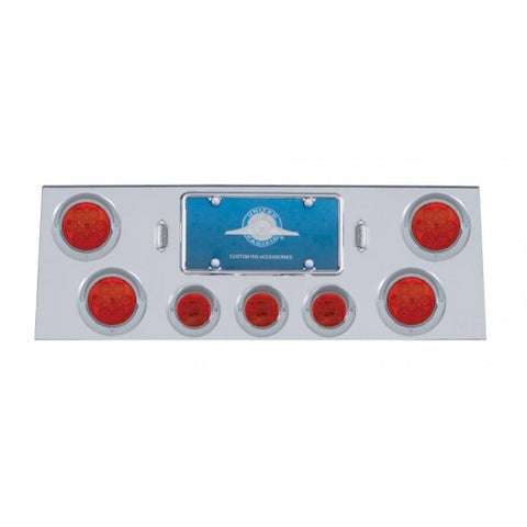 Stainless Rear Center Panel w/ Four 7 LED 4" Reflector Lights & Three 13 LED 2 1/2" Lights & Visors - Red LED/Red Lens