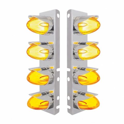 Peterbilt Stainless Front Air Cleaner Bracket w/ Eight 9 LED Dual Function "GLO" Watermelon Lights & Visors - Amber LED/Amber Lens