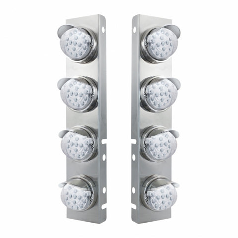 Peterbilt Stainless Front Air Cleaner Bracket w/ Eight 17 LED Clear Style Reflector Lights & Stainless Visors - Amber LED/Clear Lens