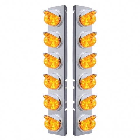 Peterbilt Stainless Front Air Cleaner Bracket w/ Twelve 17 LED Dual Function Watermelon Lights & Visors - Amber LED/Amber Lens