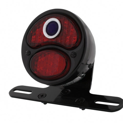 All-Black LED "DUO Lamp" Motorcycle Rear Fender Tail Light, Red LED Lens w/LED Blue Dot, 12 Volt
