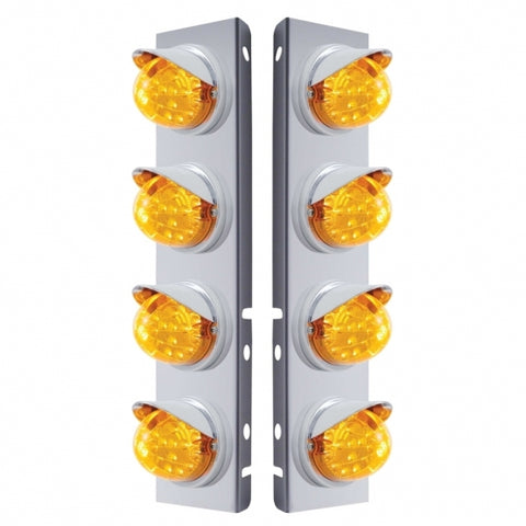 Peterbilt Stainless Front Air Cleaner Bracket w/ Eight 17 LED Clear Style Reflector Lights & Visors - Amber LED/Amber Lens