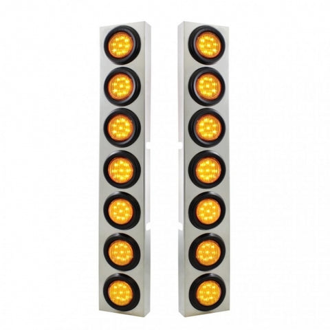Kenworth Stainless Front Air Cleaner Bracket w/ Fourteen 9 LED 2" Lights & Grommets - Amber LED/Amber Lens
