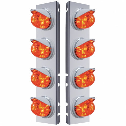 Peterbilt Stainless Front Air Cleaner Bracket w/ Eight 17 LED Watermelon Lights & Visors - Amber LED/Dark Amber Lens