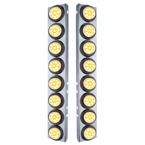 Peterbilt Stainless Front Air Cleaner Bracket w/ Sixteen 9 LED 2" Reflector Lights & Grommets - Amber LED/Clear Lens