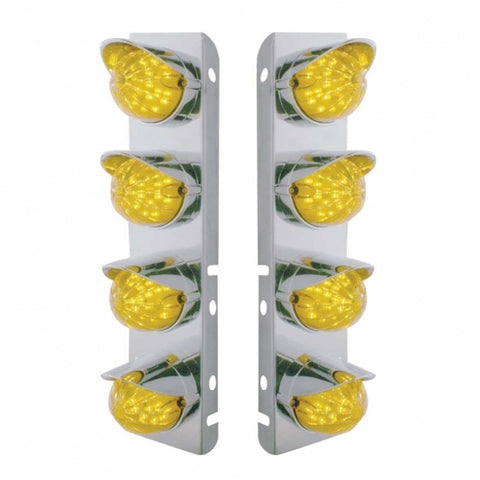 Peterbilt Stainless Front Air Cleaner Bracket w/ Eight 19 LED Bullet Style Lights & Visors - Amber LED/Amber Lens