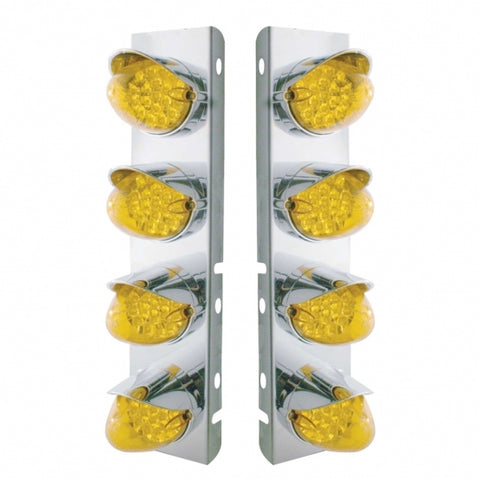 Peterbilt Stainless Front Air Cleaner Bracket w/ Eight 19 LED Reflector Lights & Visors - Amber LED/Amber Lens