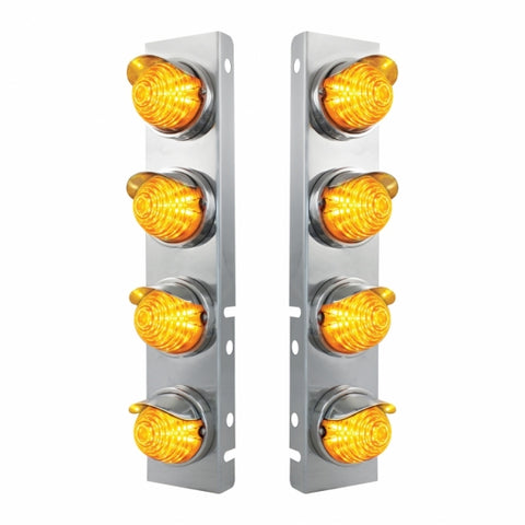 Peterbilt Stainless Front Air Cleaner Bracket w/ Eight 17 LED Beehive Lights & Stainless Visors - Amber LED/Amber Lens