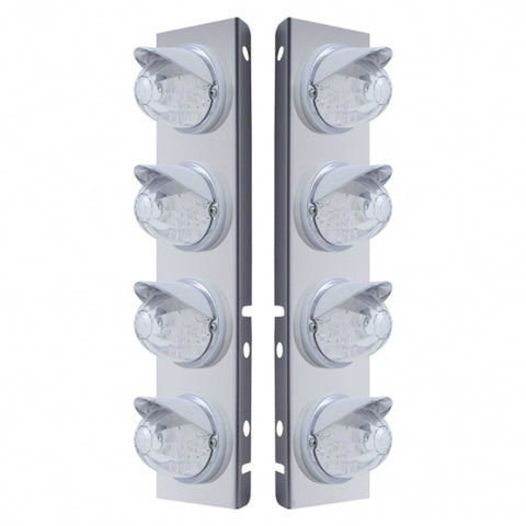 Peterbilt Stainless Front Air Cleaner Bracket w/ Eight 17 LED Dual Function Watermelon Lights & Visors - Amber LED/Clear Lens