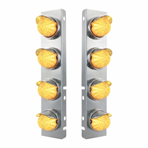 Peterbilt Stainless Front Air Cleaner Bracket w/ Eight 17 LED Beehive Lights & Stainless Visors - Amber LED/Clear Lens