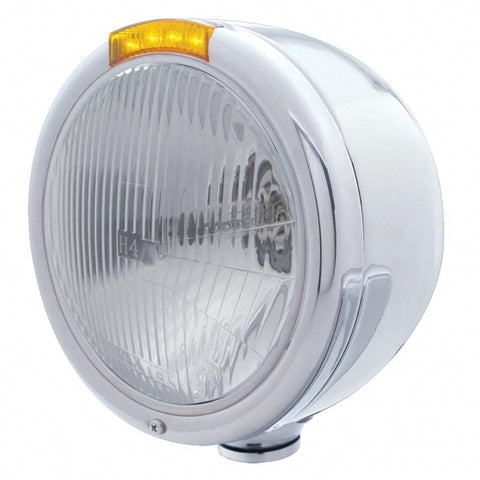 Stainless Steel Classic Half Moon Headlight H4 Bulb & LED Turn Signal - Amber Lens