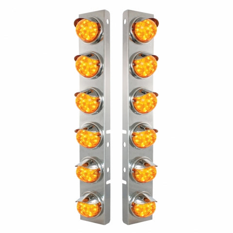 Peterbilt Stainless Front Air Cleaner Bracket w/ Twelve 17 LED Dual Function Watermelon Lights & Stainless Visors - Amber LED/Amber Lens