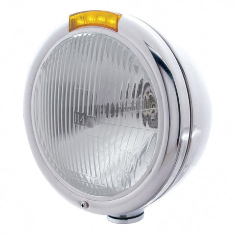 Stainless Steel Classic Headlight H4 Bulb & LED Turn Signal - Amber Lens