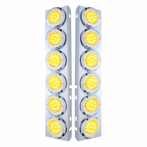 Peterbilt Stainless Front Air Cleaner Bracket w/ Twelve 9 LED 2" Lights & Bezels - Amber LED/Clear Lens