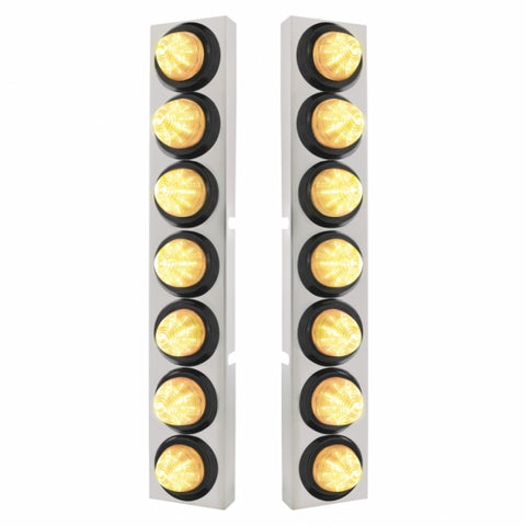 Kenworth Stainless Front Air Cleaner Bracket w/ Fourteen 9 LED 2" Beehive Lights & Grommets - Amber LED/Clear Lens
