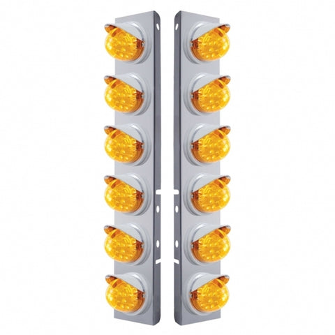 Peterbilt Stainless Front Air Cleaner Bracket w/ Twelve 17 LED Dual Function Clear Style Reflector Lights & Visors - Amber LED/Amber Lens