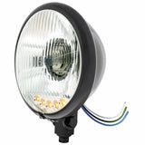 Black 5 3/4" Motorcycle Headlight H4 Bulb w/5 Amber LED - Bottom Mount