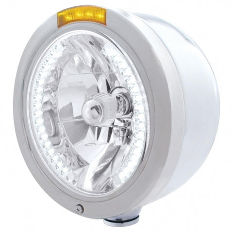 Stainless Steel Bullet Half Moon Headlight H4 w/ White LED & Dual Mode LED Signal-Amber Lens