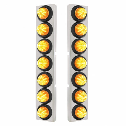 Kenworth Stainless Front Air Cleaner Bracket w/ Fourteen 9 LED 2" Beehive Lights & Grommets - Amber LED/Amber Lens