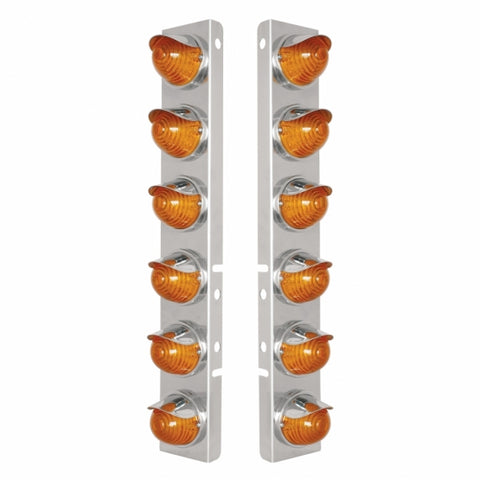 Peterbilt Stainless Front Air Cleaner Bracket w/ Twelve 17 LED Beehive Lights & Stainless Visors - Amber LED/Amber Lens