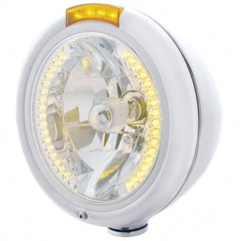 Chrome Classic Headlight H4 w/34 Amber LED & LED Signal - Amber Lens