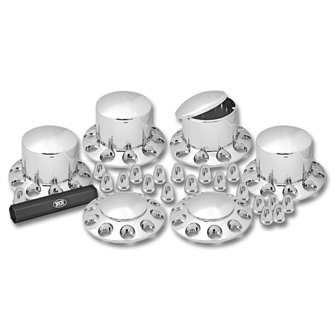 Chrome Plastic ABS Front & Rear Hub Cover Kit with Removeable Hubcap & Threaded Nut Covers (2 Front, 4 Rear & Nut Cover Puller)