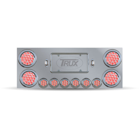 Stainless Steel Rear Center Panel with 4 x 4", 6 x 2" Dual Revolution (Red/Blue) & 2 License Light LEDs