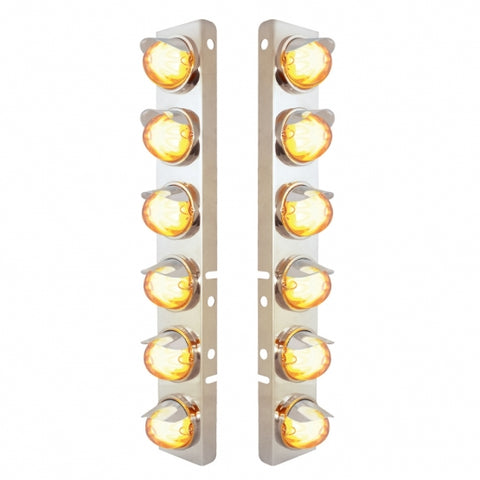 Peterbilt Stainless Front Air Cleaner Bracket w/ Twelve 9 LED Dual Function "GLO" Watermelon Lights & Visors - Amber LED/Clear Lens