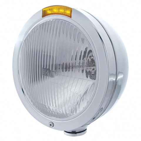 Stainless Steel Bullet Classic Headlight H4 Bulb & LED Turn Signal - Amber Lens