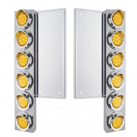 Freightliner Stainless Front Air Cleaner Bracket w/ Twelve 9 LED 2" Reflector Lights & Visors - Amber LED/Amber Lens