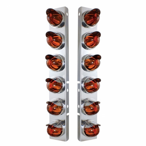 Peterbilt Stainless Front Air Cleaner Bracket w/ Twelve Glass Watermelon Lights & Stainless Visors - Dark Amber Lens