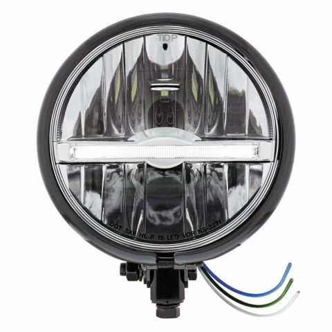 Black 5 3/4" Motorcycle Headlight 9 LED Bulb w/White LED Light Bar - Bottom Mount