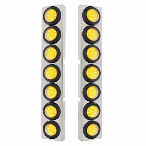 Kenworth Stainless Front Air Cleaner Bracket w/ Fourteen 9 LED 2" Reflector Lights & Grommets - Amber LED/Clear Lens