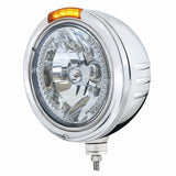 Stainless Steel Bullet Embossed Stripe Headlight H4 w/ Amber LED & Dual Mode LED Signal - Amber Lens
