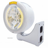 Stainless Steel Classic Half Moon Headlight H4 w/ Amber LED & Signal - Amber Lens