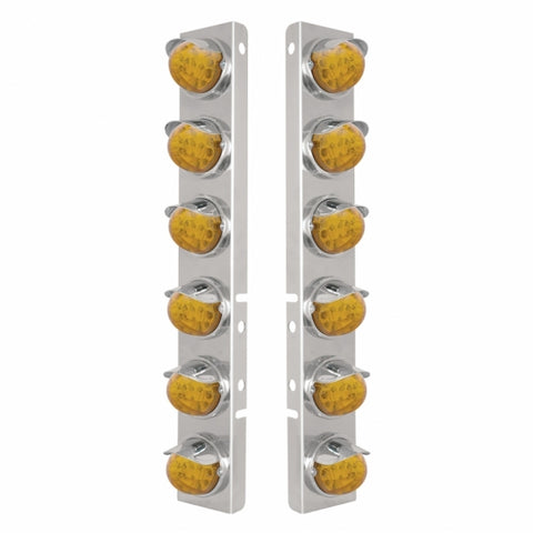 Peterbilt Stainless Front Air Cleaner Bracket w/ Twelve 17 LED Reflector Watermelon Lights & Stainless Visors - Amber LED/Amber Lens