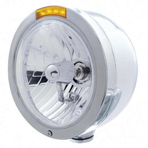 Stainless Steel Bullet Half Moon Headlight Crystal H4 Bulb & LED Turn Signal - Amber Lens