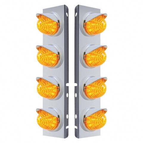 Peterbilt Stainless Front Air Cleaner Bracket w/ Eight 17 LED Beehive Lights & Visors - Amber LED/Amber Lens