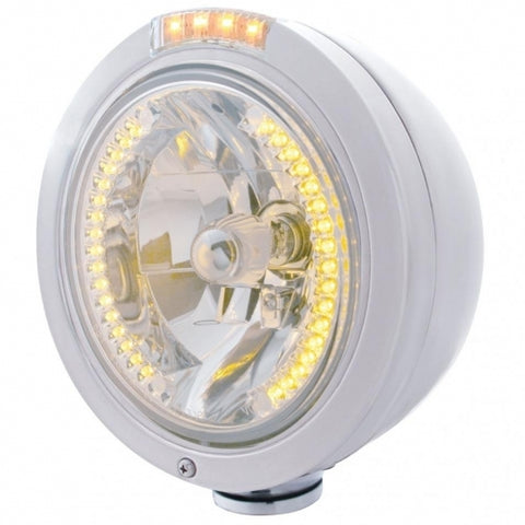Stainless Steel Bullet Classic Headlight H4 w/ Amber LED & Signal - Clear Lens