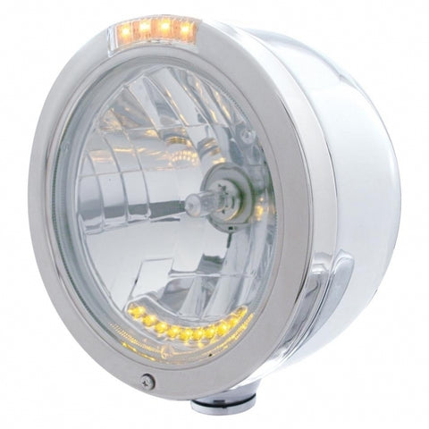 Stainless Steel Bullet Half Moon Headlight H4 w/ 10 Amber LED & Dual Mode LED Signal-Clear Lens