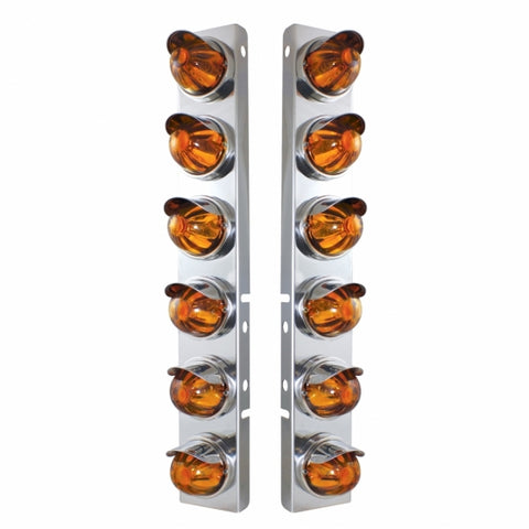 Peterbilt Stainless Front Air Cleaner Bracket w/ Twelve Glass Watermelon Lights & Stainless Visors - Amber Lens