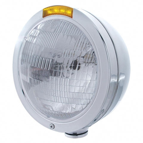 Stainless Steel Bullet Classic Headlight H6024 Bulb & LED Turn Signal - Amber Lens