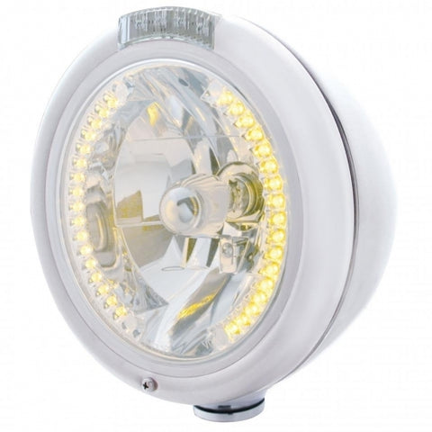 Chrome Classic Headlight H4 w/34 Amber LED & Dual Mode LED Signal - Clear Lens