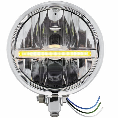 Chrome 5 3/4" Motorcycle Headlight 9 LED Bulb w/Amber LED Light Bar - Bottom Mount