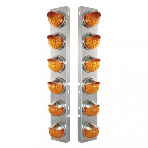 Peterbilt Stainless Front Air Cleaner Bracket w/ Twelve 17 LED Dual Function Clear Style Reflector Lights & Stainless Visors - Amber LED/Amber Lens